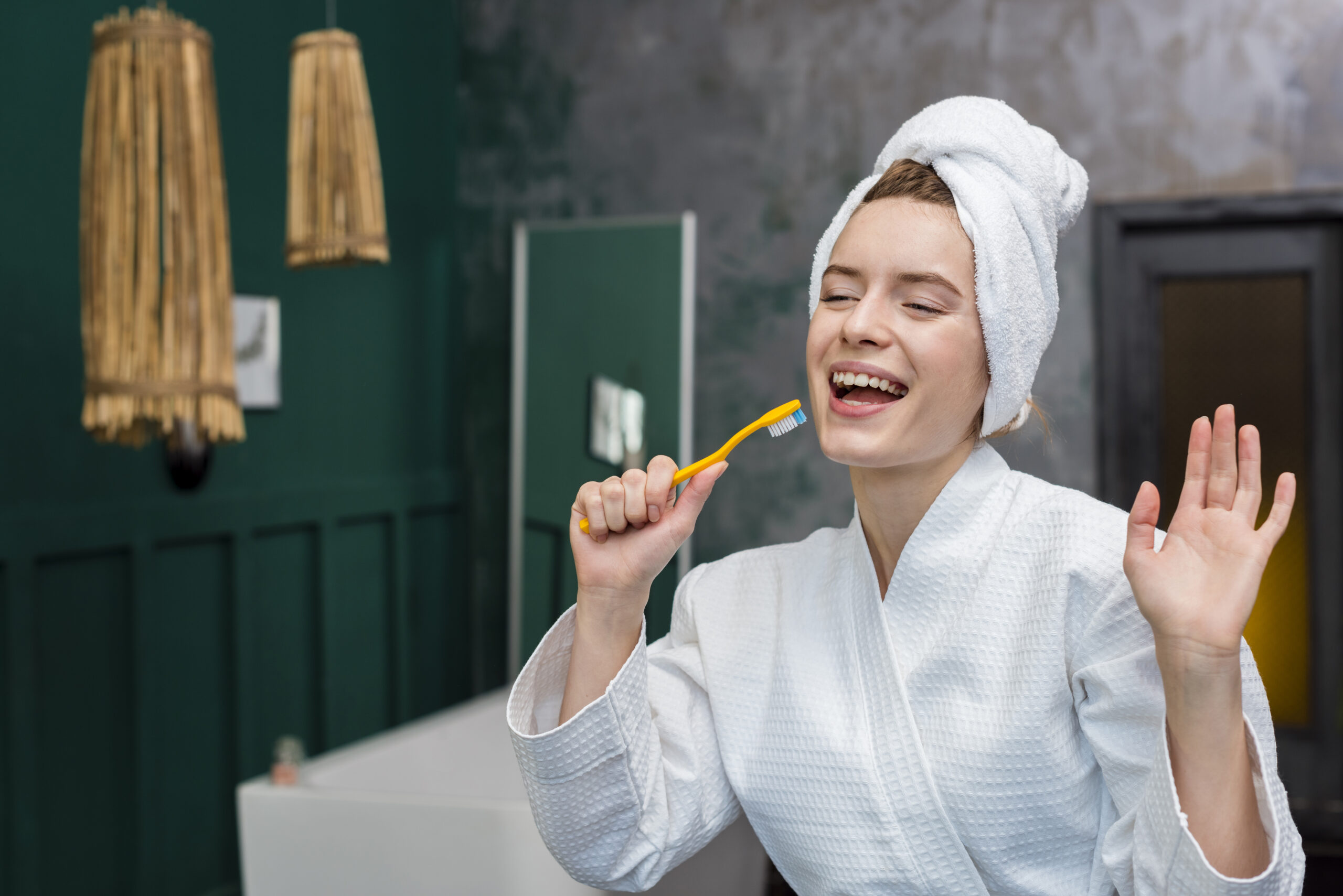Teeth Cleaning Prep Tips Every Ann Arbor Patient Should Know woman-bathrobe-playing-around-with-toothbrush